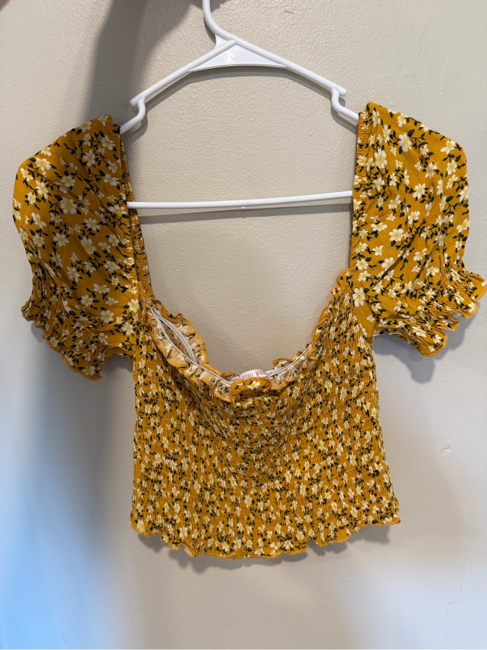 Mustard Floral Smocked Puff Sleeve Crop Top